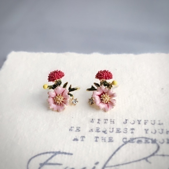 18K GP Enamel Flowers Earrings - Picture 2 of 8